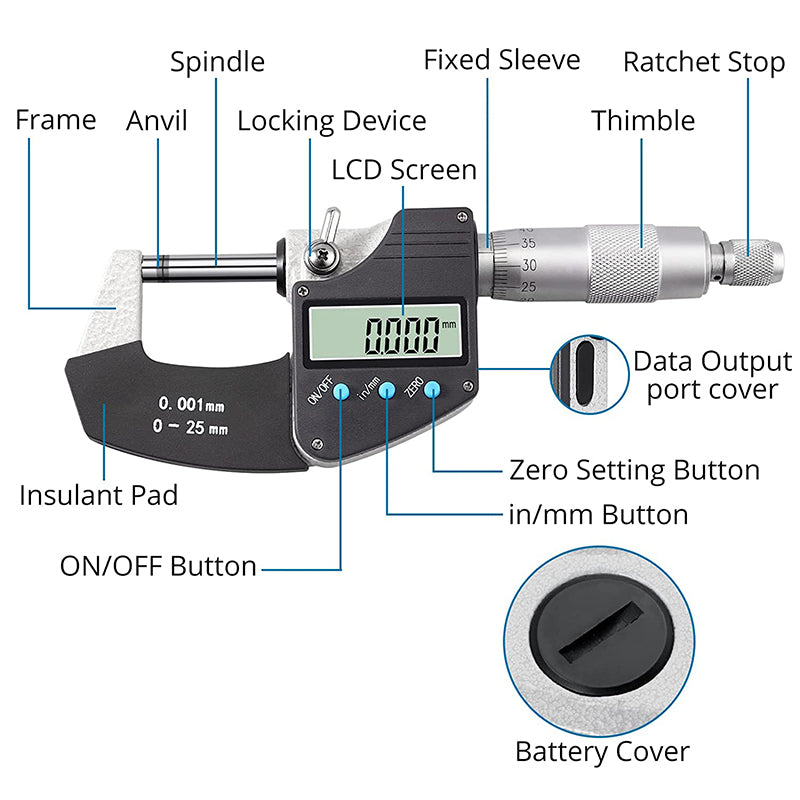 AUTOUTLET Micrometer Digital Outside Micrometer 0-25mm/ 0.001mm(0.00005")